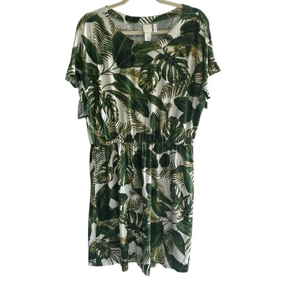 H&M Hawaiian Luau Leaf Linen Blend Drop Waist Dress Women’s Sz Medium 8 10 - Picture 1 of 4